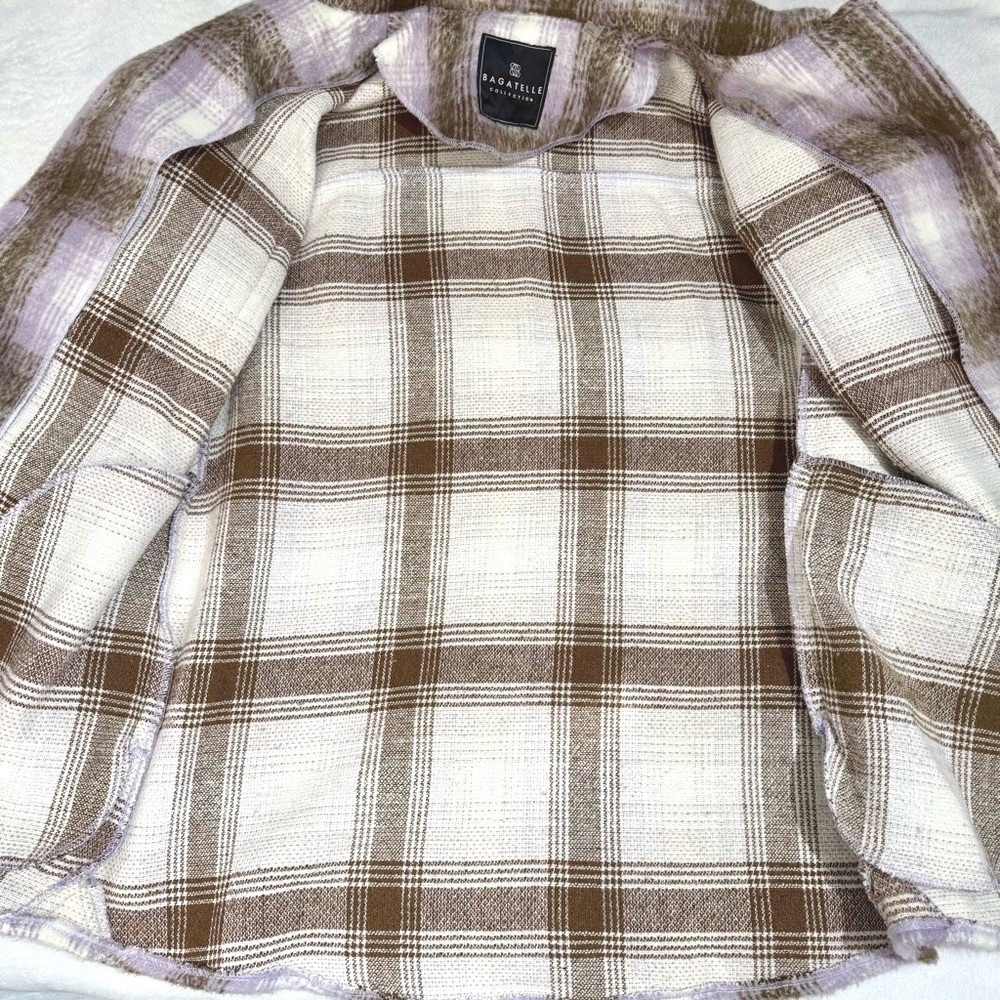 Bagatelle Womens Plaid Shacket M Purple Brown Oversized Flannel Fall Jacket Coat - Picture 9 of 11